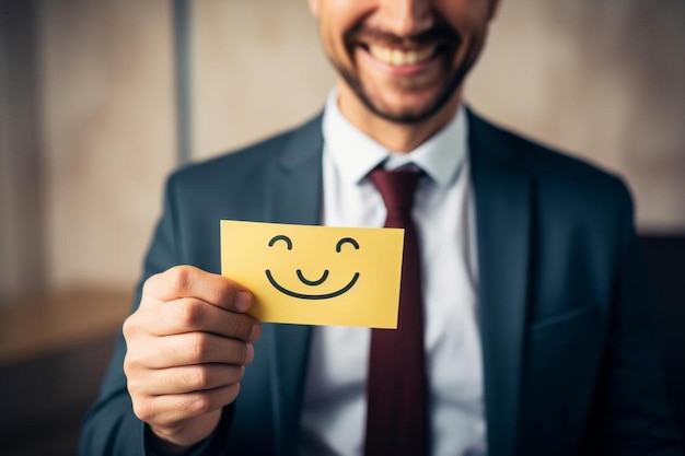 Un homme tient un papier jaune avec un smiley dessiné dessus.