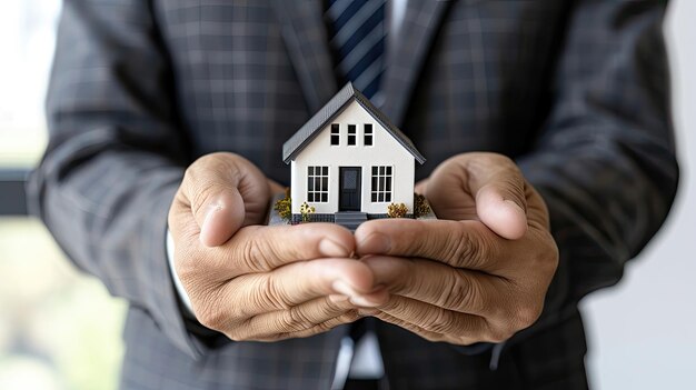 Un homme tient une petite maison dans ses mains.