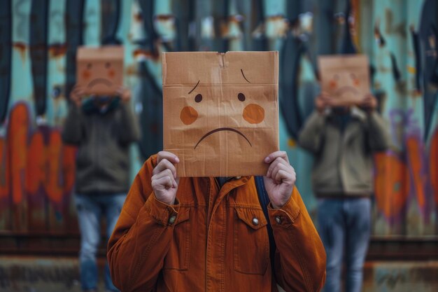 Un homme tient une photo avec un emoticon triste, un concept de tristesse et de dépression, une IA générative.