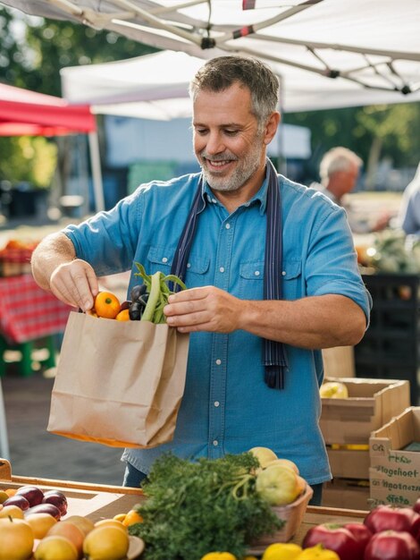 Photo un homme tient un sac avec des légumes et un sac qui dit organique