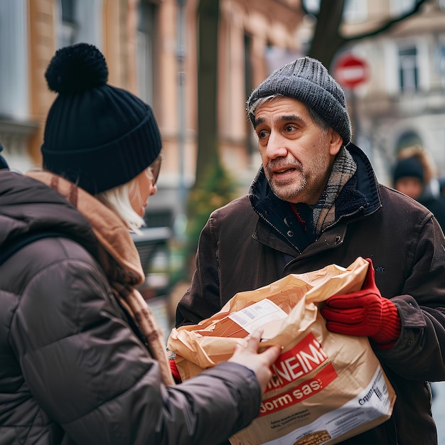 un homme tient un sac de sac brun