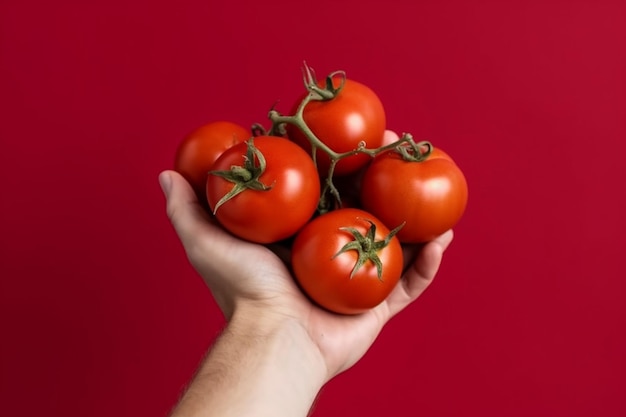 Un homme tient un tas de tomates sur fond rouge.