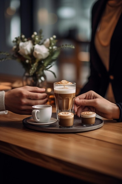 Un homme tient une tasse en verre avec du cappuccino Café au lait un biscuit et un verre avec w Generative AI