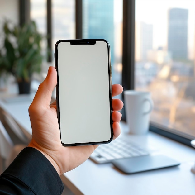 Un homme tient un téléphone avec un écran vide génératif AI