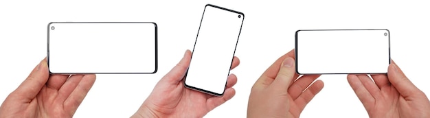 Un homme tient un téléphone portable dans sa main, un ensemble d'angles et de positions différents. Utilisation du smartphone