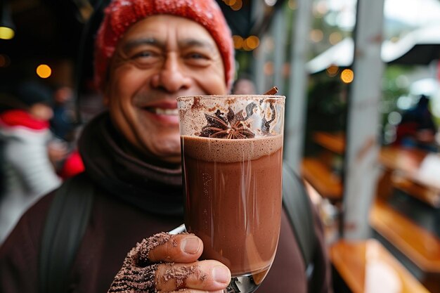 Un homme tient un verre de chocolat avec un chapeau rouge