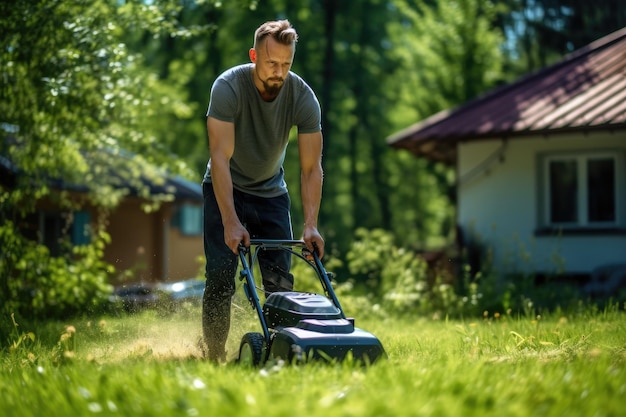 Un homme tond l'herbe dans le jardin avec une tondeuse à gazon Un homme tonde l'herpe sur la pelouse à la maison avec une tonteuse à gazons AI généré