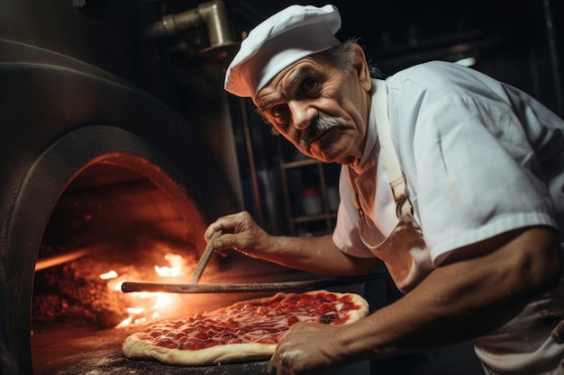 Un homme avec une toque met une pizza dans un four ai