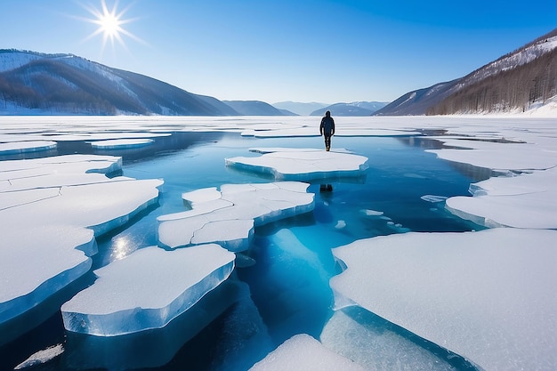 Homme touriste marchant sur la glace du lac Baïkal Paysage d'hiver du lac Baikal Sibérie Russie Glace bleue transparente fissurée et ciel bleu