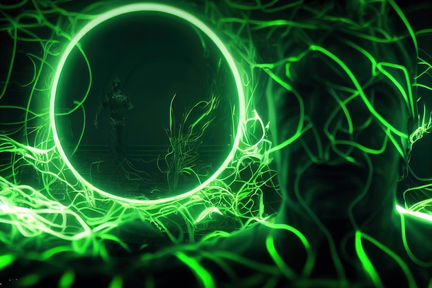 Homme tourmenté par des âmes vertes brillantes Cercle de portail rond vert Style d'art numérique