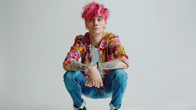 Photo un homme transgenre aux cheveux roses heureux dans des vêtements élégants rappelle joyeusement la représentation lgbt