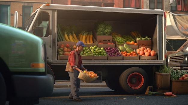 Un homme transporte une boîte de produits d'un camion qui dit "produits frais"