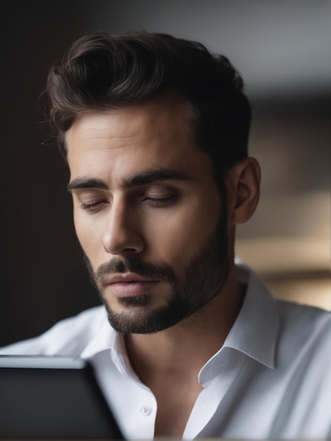 Un homme travaillant avec des appareils modernes sur la table.