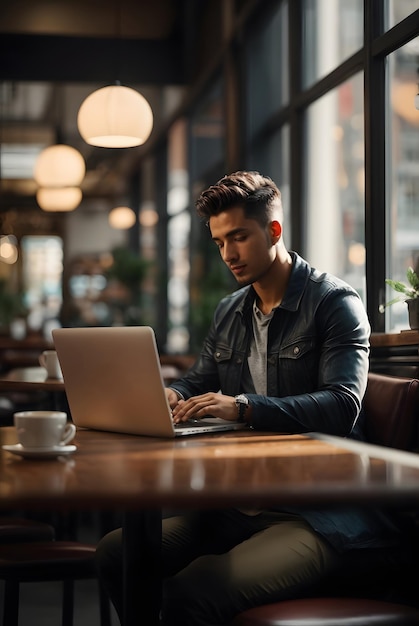 homme travaillant au café avec ordinateur