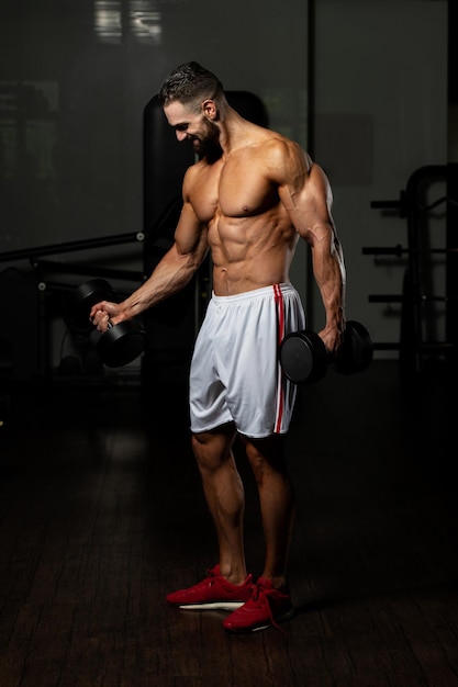 Homme travaillant sur les biceps dans une salle de gym Haltère Concentration Curls