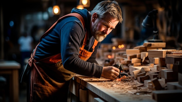 homme travaillant avec des blocs de bois sur la table dans un atelier