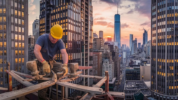 un homme travaillant sur un chantier de construction avec un chapeau dur jaune sur