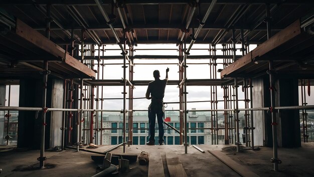 Photo homme travaillant sur un chantier de construction avec des échafaudages et des échaffaudages de construction pour une usine de construction