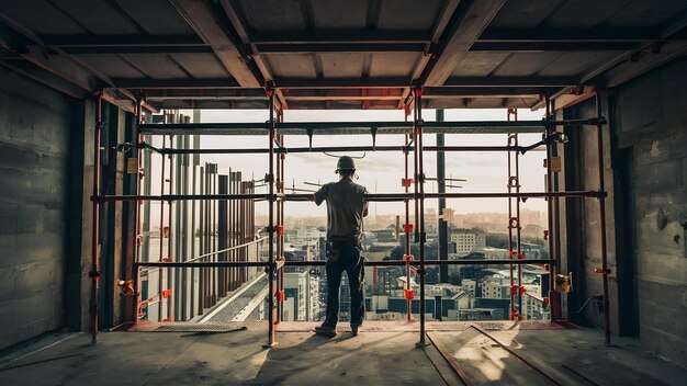 Photo homme travaillant sur un chantier de construction avec des échafaudages et des échaffaudages de construction pour une usine de construction