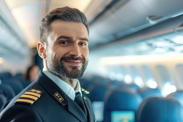 homme travaillant comme pilote ou agent de bord en uniforme dans la cabine d'un avion de passagers