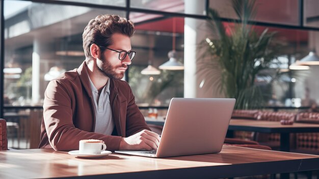 Photo un homme travaillant dans un café avec un ordinateur portable