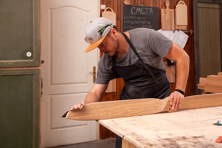Photo un homme travaillant dans une casquette et une chemise polit le bloc de bois