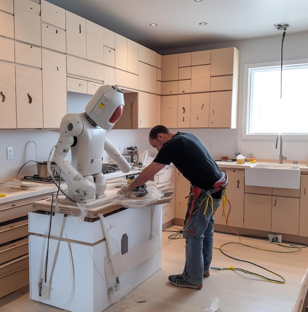 Un homme travaillant dans une cuisine avec un robot sur le comptoir.
