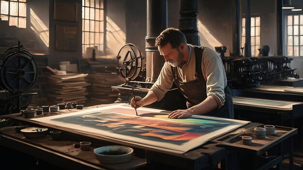 Photo homme travaillant dans une imprimerie avec du papier et des peintures