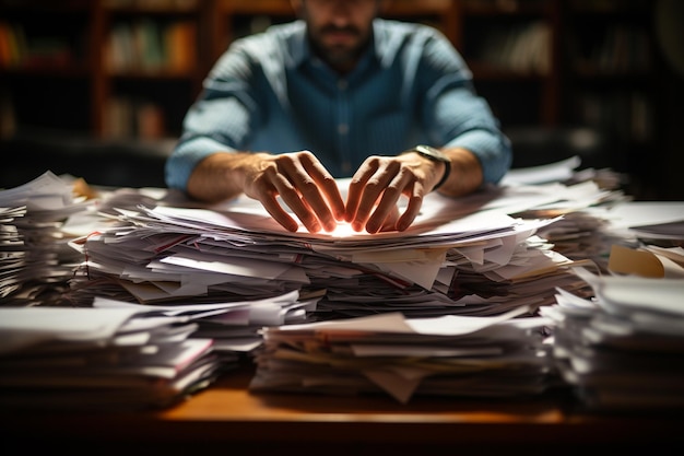 un homme travaillant dur avec beaucoup de papier sur la table de travail dans l'espace de travail