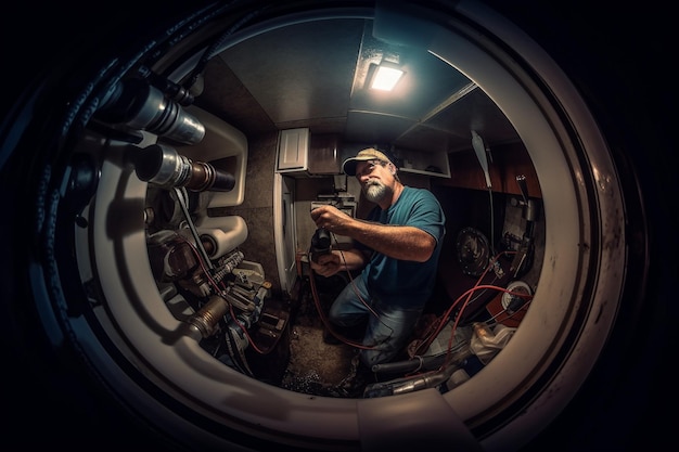 Un homme travaillant à l'intérieur d'un vaisseau spatial avec une lumière au plafond