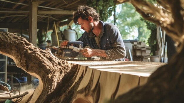 Photo un homme travaillant sur un morceau de bois avec une scie dessus.