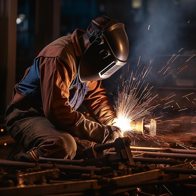 Photo un homme travaillant sur un morceau de métal avec un chapeau dur sur