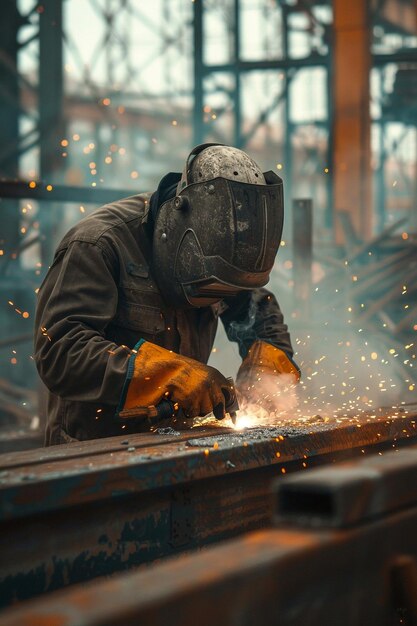 Photo un homme travaillant sur un morceau de métal avec un masque dessus