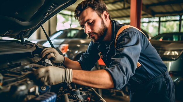 un homme travaillant sur un moteur de voiture dans un garage IA générative