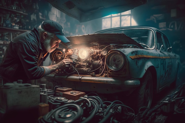 Un homme travaillant sur un moteur de voiture avec une lumière dessus