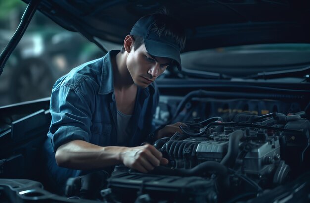 Un homme travaillant sur un moteur de voiture