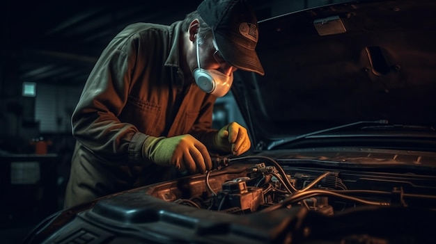 Un homme travaillant sur un moteur de voiture