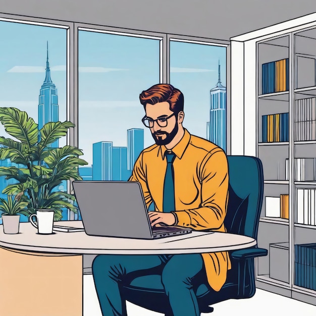 un homme travaillant sur un ordinateur portable au bureau de bureau couleur illustrations de contour