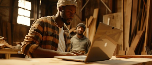 un homme travaillant sur un ordinateur portable dans un atelier