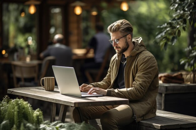 Homme travaillant sur un ordinateur portable dans le café avec un intérieur élégant avec des plantes générées par l'IA