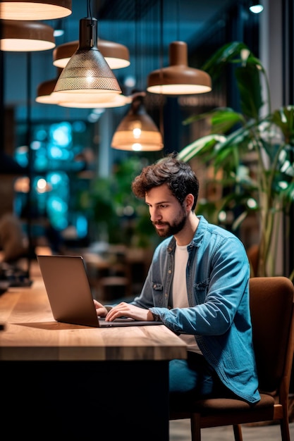 un homme travaillant avec l'ordinateur portable dans un espace de coworking moderne génératif d'IA