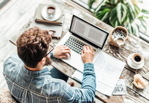 Photo homme travaillant sur un ordinateur portable avec du café dans son bureau à domicile