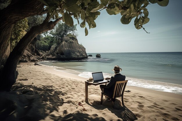 Homme travaillant sur un ordinateur portable sur une plage tropicale Concept de voyage et de vacances AI générative