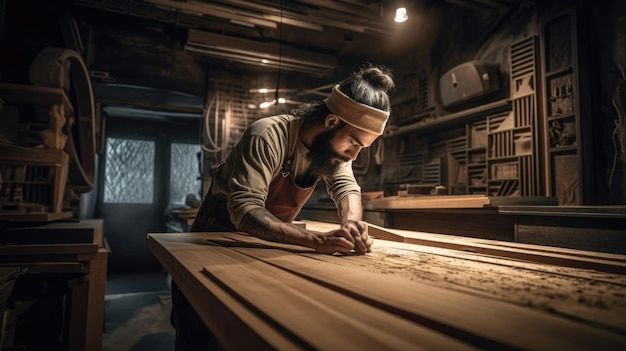 L'homme travaillant avec des planches de bois dans un atelier avec détermination Generative AI AIG21