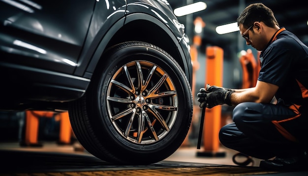 Un homme travaillant sur une roue de voiture