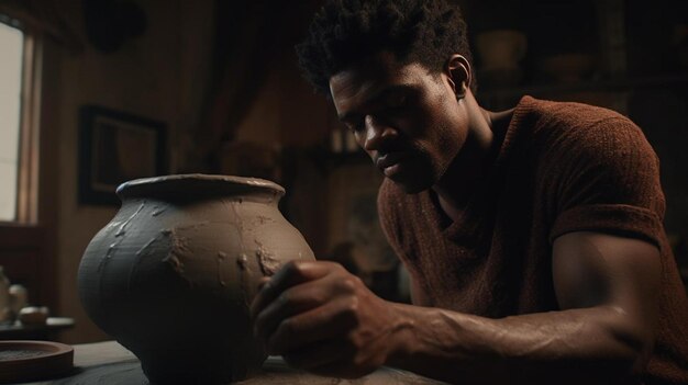 un homme travaillant sur un vase d'argile dans un atelier