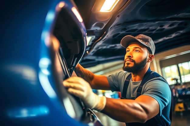 Un homme travaillant sur un véhicule dans un garage