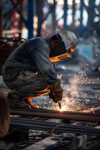 un homme travaillant sur une voie métallique avec un marteau à la main