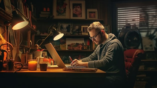 Un homme travaille à un bureau avec un ordinateur portable et une lampe qui dit "je t'aime"