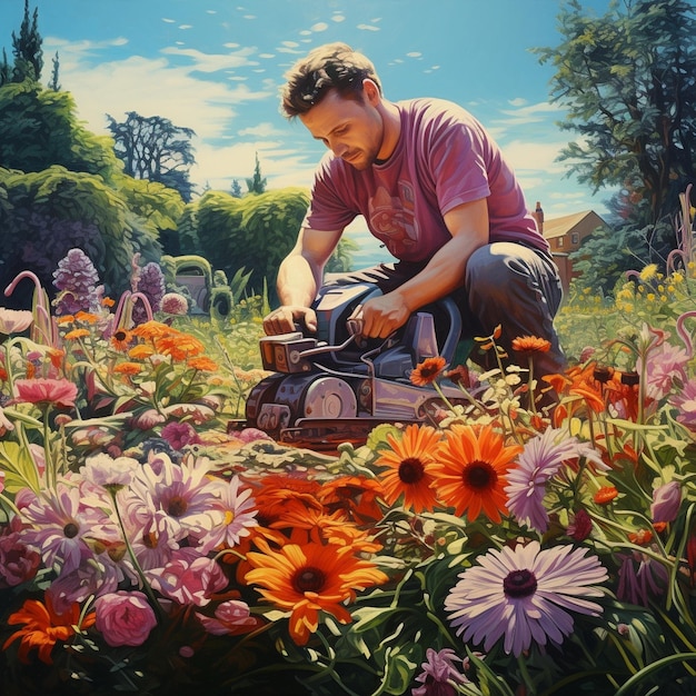 un homme travaille dans un jardin fleuri.